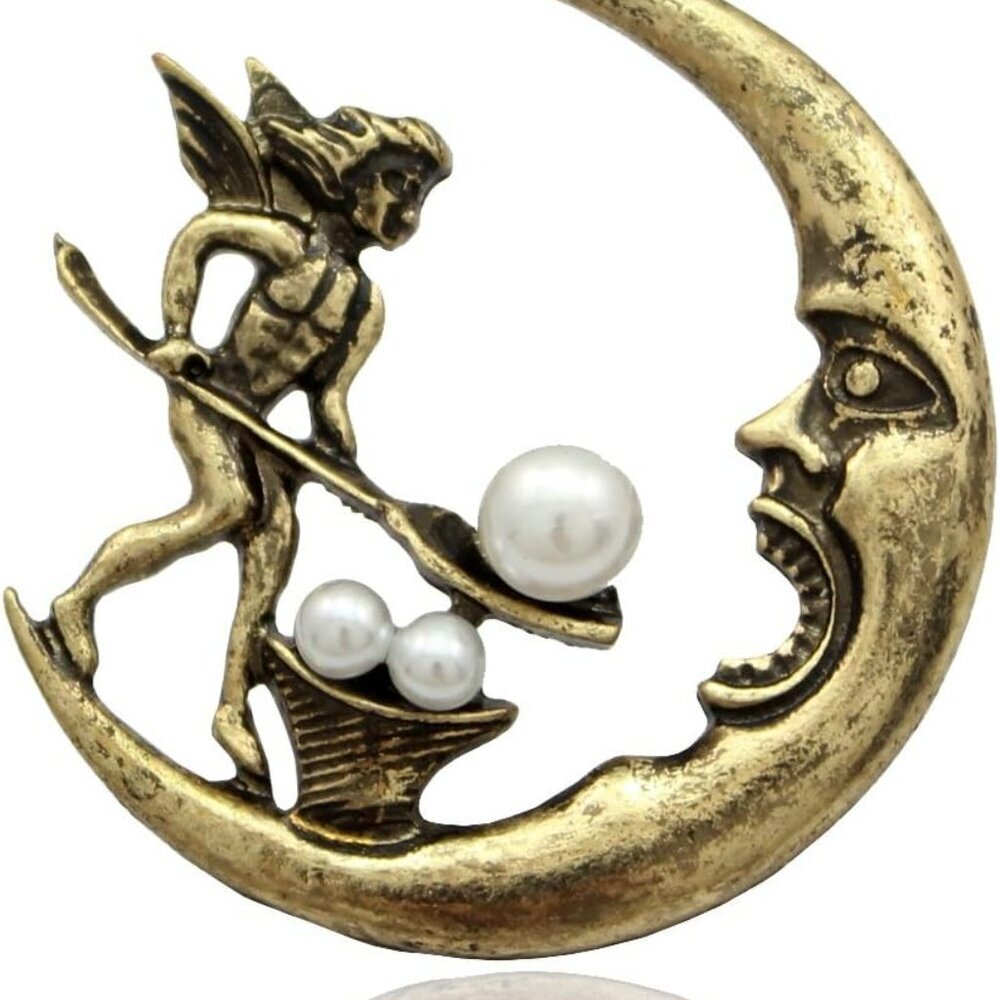 Vintage Golden Antique Tribal Angel Fairy Feeding Moon Cresent Simulated - Pearl - Picture 1 of 6